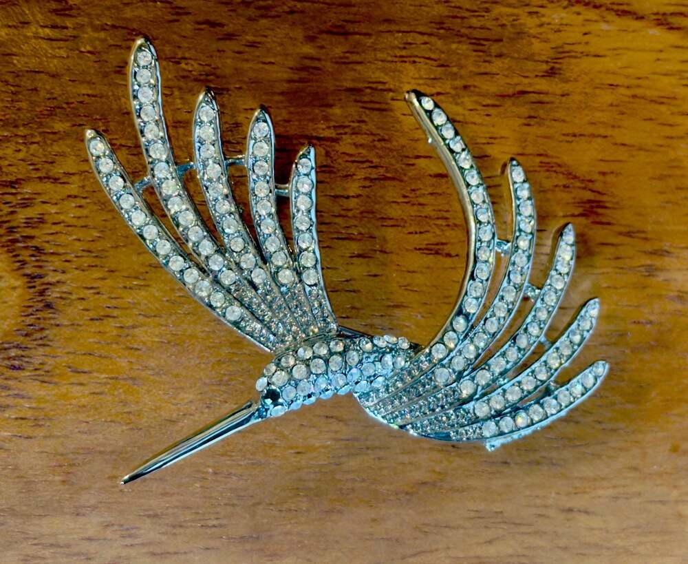 Vintage Crystal and Silver Tone Hummingbird Brooch 2.5" x2"
